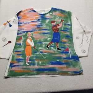 Kolorway Size 2 (XL?) Hand Painted Sweater Golfing Art To Wear  Crewneck VTG USA